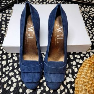 AGL Navy Suede Fringe Pumps